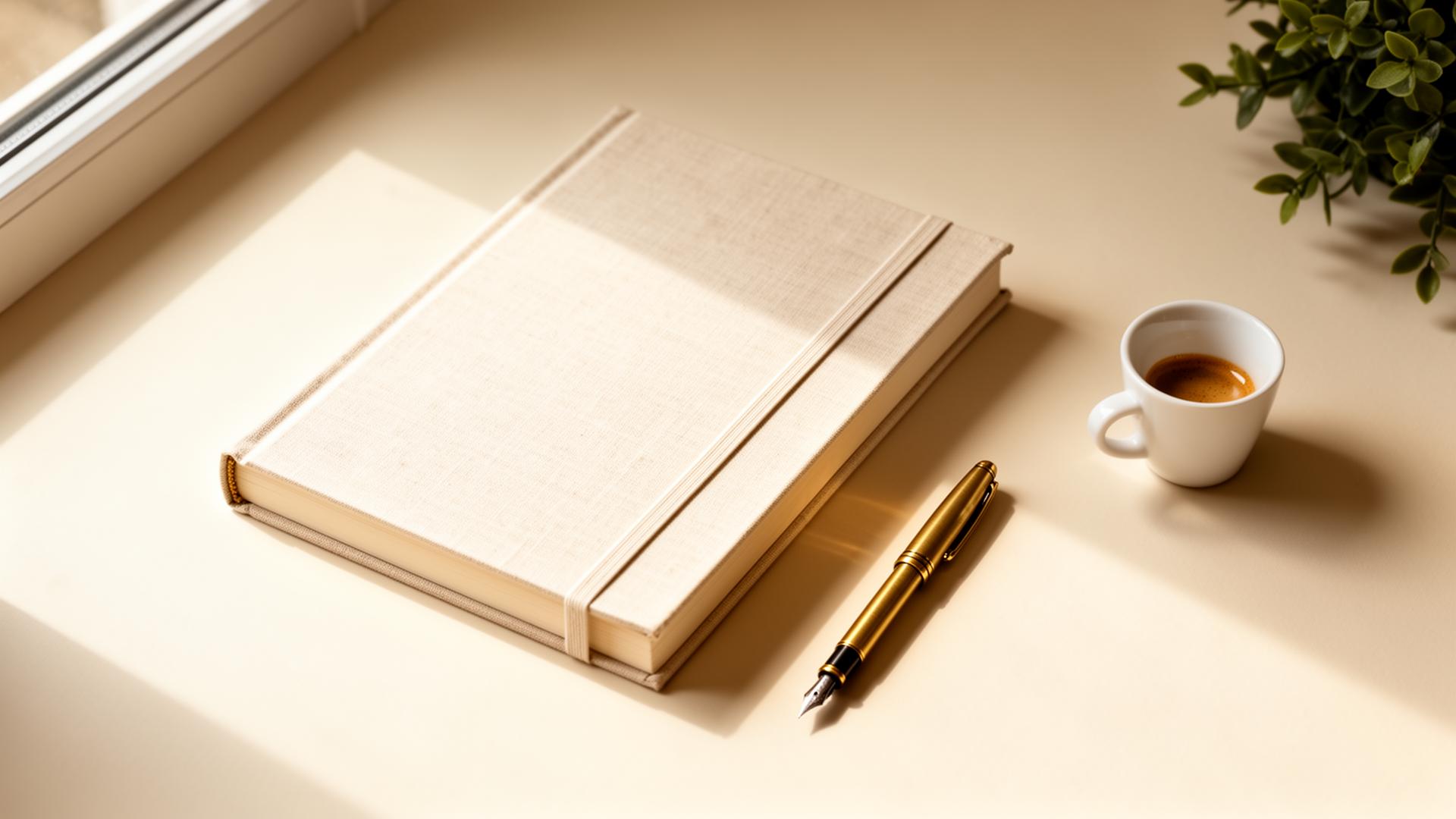 A linen ledger book with a brass fountain pen and a small espresso cup on a warm paper desk
